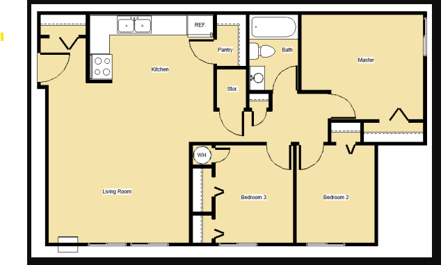 Floor plan for 3 beds, 1 bath, 900 sqft